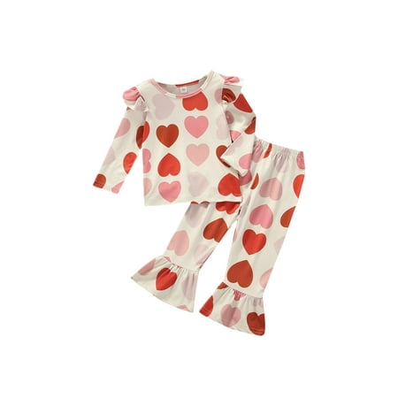

CenturyX Girls Valentine s Day Suit Heart Long Fly Sleeves Pullover and Elastic Waist Bell Bottom Trousers Red 6-12 Months