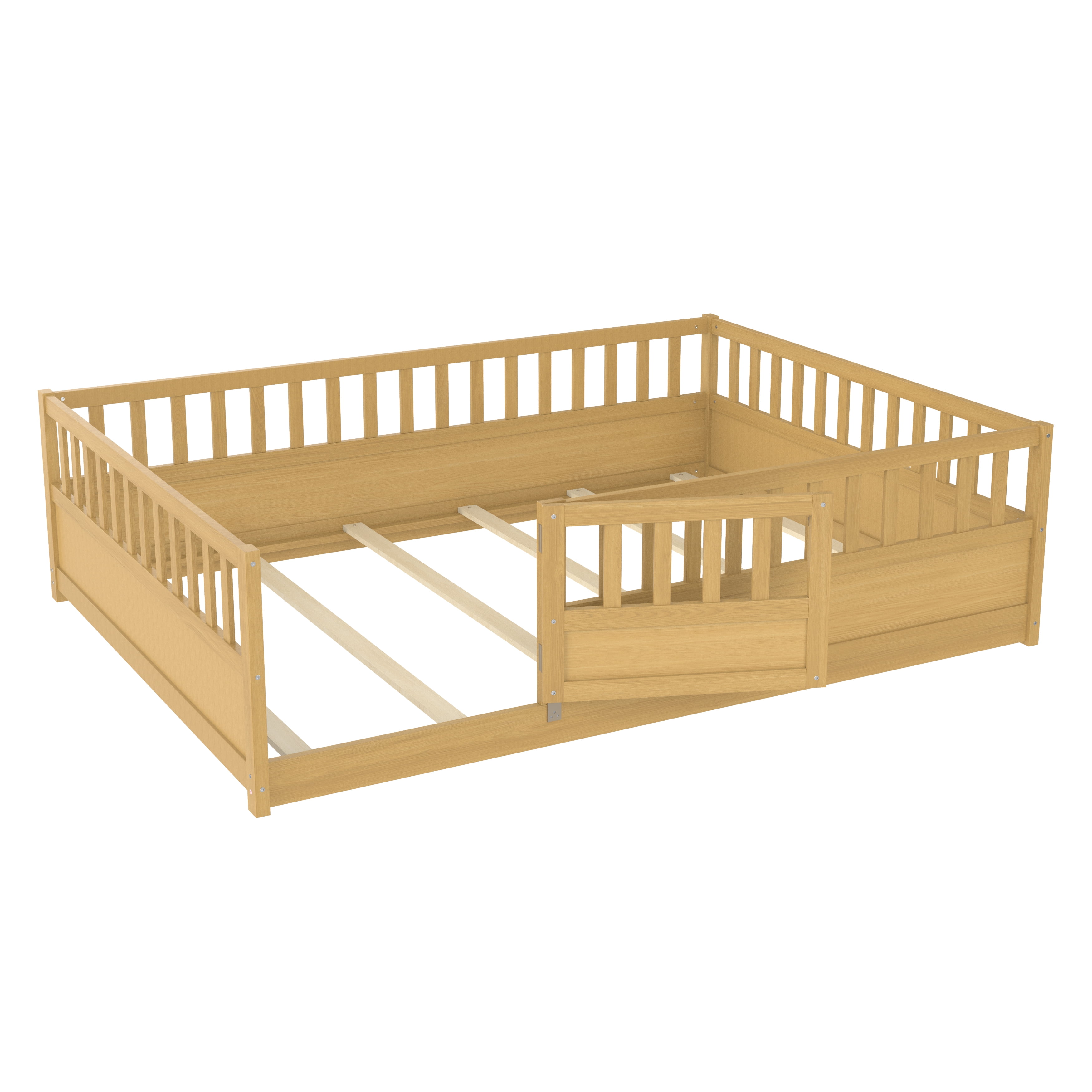 Floor Bed, Low-Profile Bed Frame, Full Size Bed with High Safety Barrier, Door and Support Slats for Stability, Solid Pine Wood Construction, Natural Wood