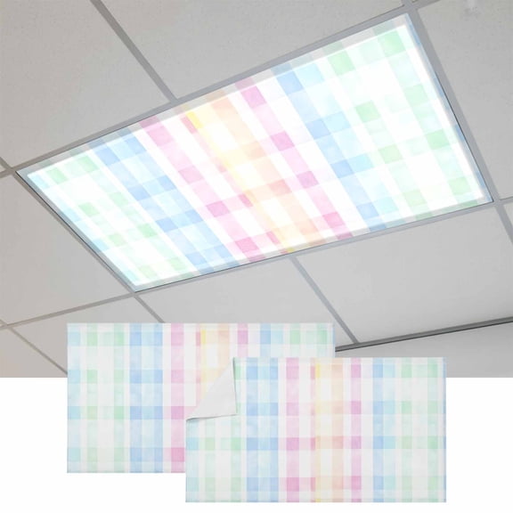 Blue Pink Plaid Fluorescent Light Covers, Pastel Green White Buffalo Patchwork Magnetic Light Covers for Ceiling Lights, Fluorescent Ceiling Shade Filters for Classroom Bedroom Office 4x2Ft x 2PCS