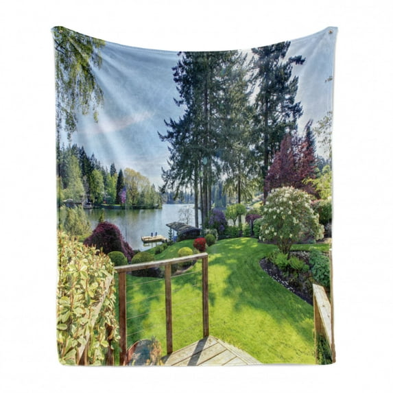 Nature Soft Flannel Fleece Throw Blanket, Sunny Spring Season Day Pier View in Countryside Rural Cottage Theme Nature Image, Cozy Plush for Indoor and Outdoor Use, 50" x 70", Multicolor, by Ambesonne