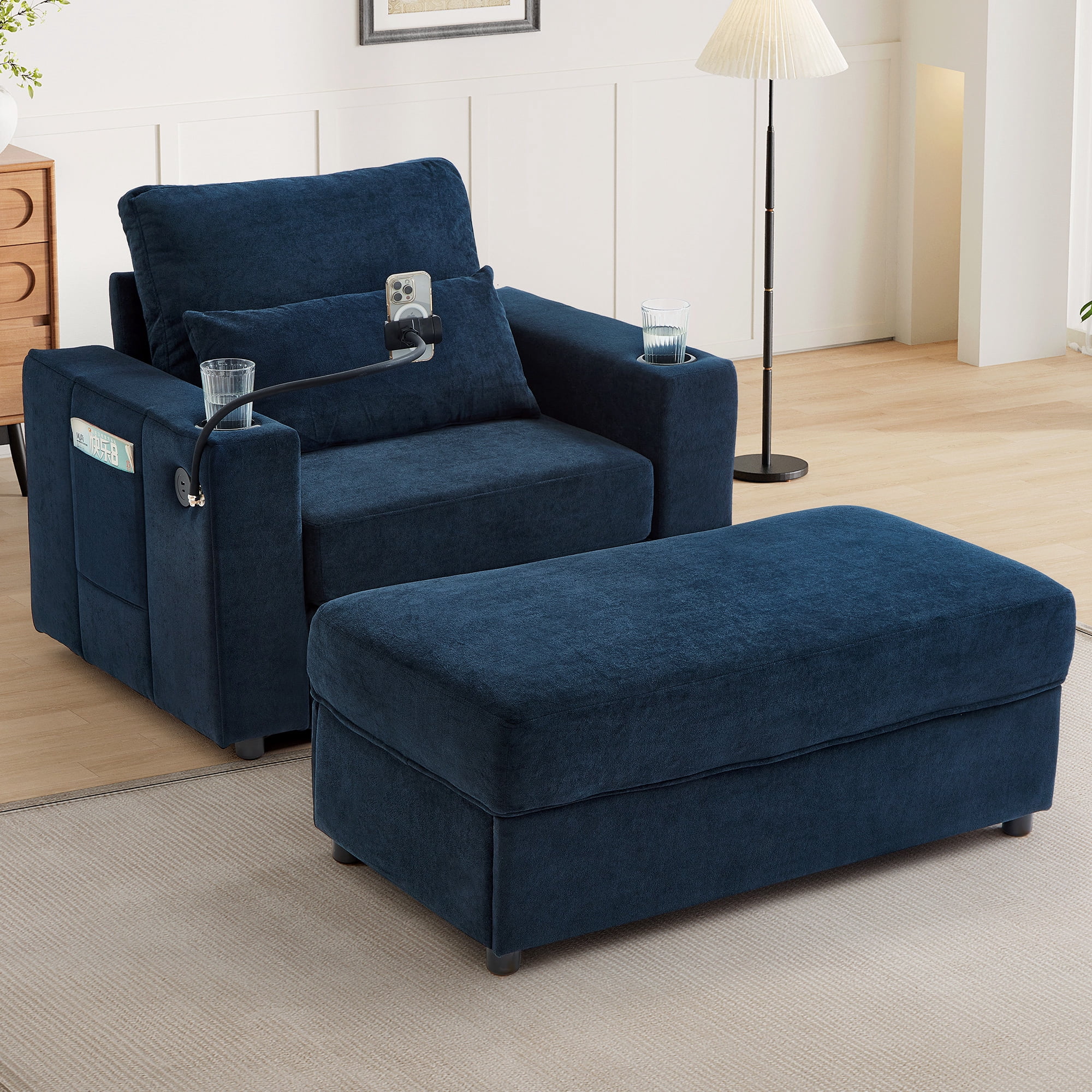 Aukfa 43" Chaise Lounge w/ 2 Cupholders and USB Ports, Storage Ottoman, Chenille, Blue