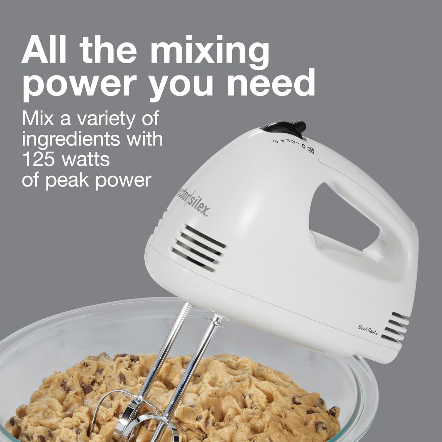 Easy Mix 5-Speed Electric Hand Mixer with Bowl Rest, Compact and Lightweight, 100 Watts of Peak Power, White (62515PS)