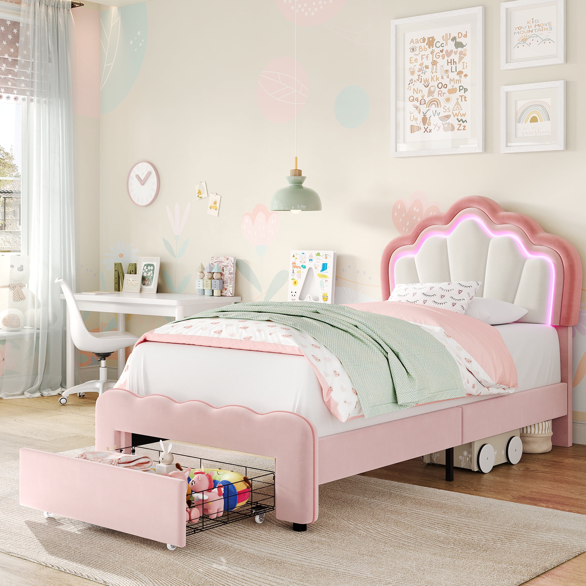 Homfa Twin Size LED Bed Frame with Drawer, Velvet Upholstered Platform Bed Frame with Adjustable Petal Headboard, Pink