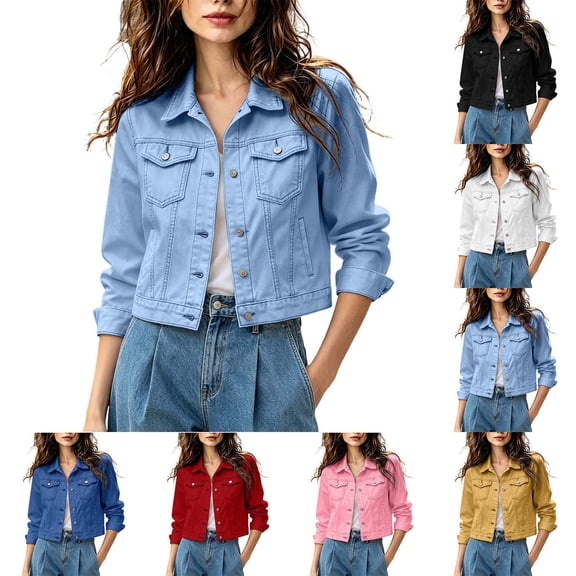 Xaqiouau Denim Jacket Women Cropped Jean Jacket Women Casual Button Down Long Sleeve Denim Jacket with Pockets Lightweight Jean Coat