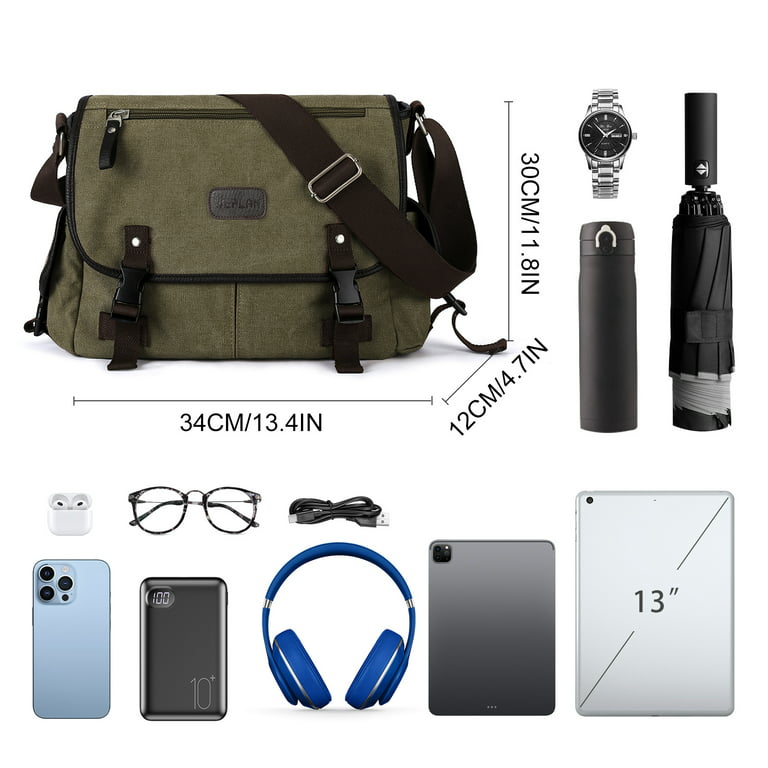 SYCNB Messenger Bag for Men,Water Resistant Unisex Canvas Shoulder Bag,Vintage Military Crossbody Bag,14 inch Laptop Bag, Adult Unisex, Size: Small, Bronze