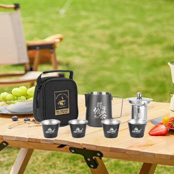 Juego de té de viaje, juego de tazas de té de acero inoxidable, decorativo, con bolsa de almacenamiento, tetera, tazas para acampar y actividades al Negro con empuñadura