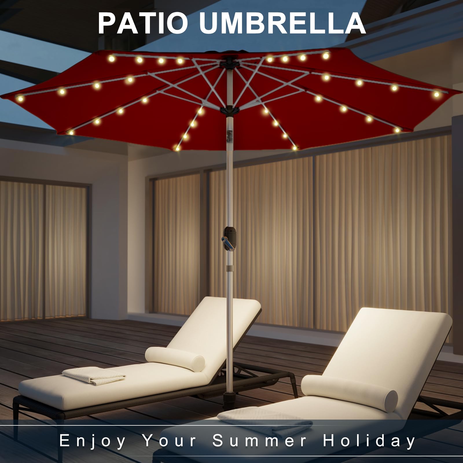 UPHYB 10FT 40 Solar Lighted Patio Umbrella, Fade-Resistant Outdoor Market Table Umbrella with Push Button Tilt Function, 8 Sturdy All-Aluminum Ribs for Gardens, Decks, Backyards & Pools (Burgundy)