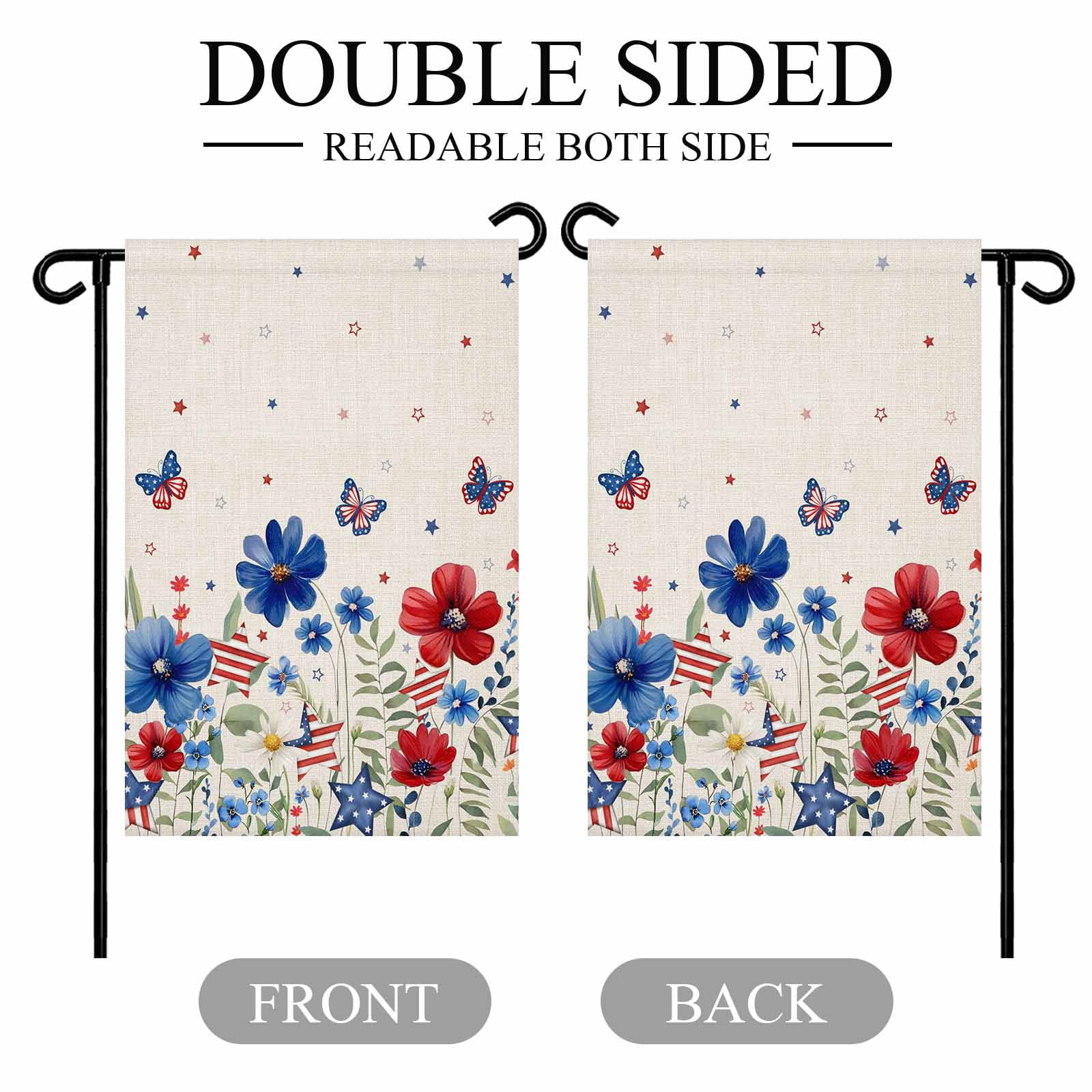 4th of July Garden Flags American Flag Butterfly Garden Flag Double Sided Welcome Flag Red Blue Flowers Linen Independence Day Yard Flags for Outdoor Lawn Porch Memorial Day Holiday Decor 28x40 Inch