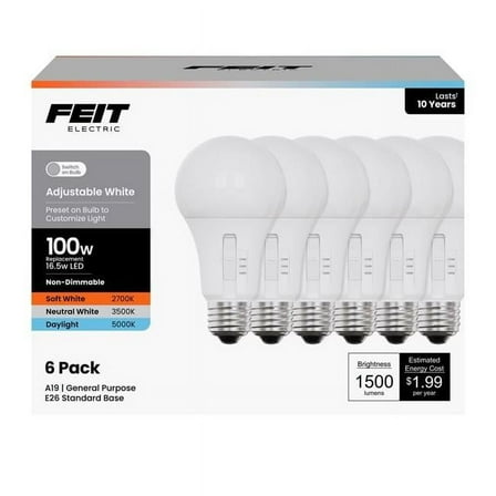 Feit Electric 3018673 100W A19 E26 Adjustable Equivalence Medium LED Bulb, White - Pack of 6
