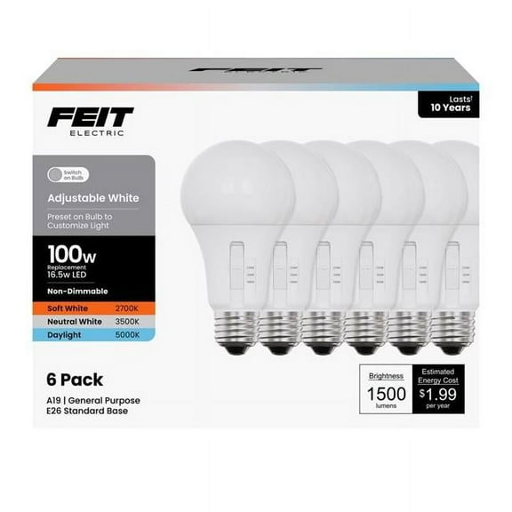 Feit Electric 3018673 100W A19 E26 Adjustable Equivalence Medium LED Bulb, White - Pack of 6