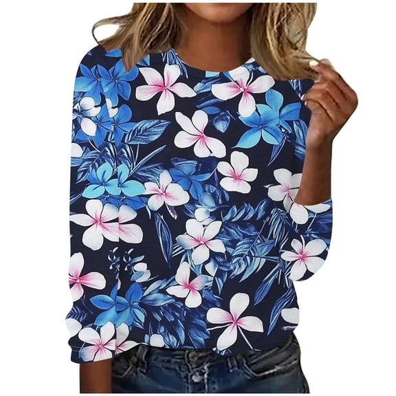 Women's Casual Loose Tshirts Floral Summer Tops Crewneck Long Sleeve Shirts Ladies Vintage Printed Blouse Dressy Going Out Tunic T-Shirt Beach Vacation Outfits Clothes