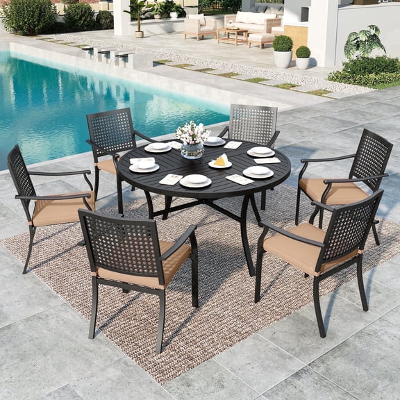 SUMMIT LIVING 7-Piece Outdoor Patio Dining Set with 6 Steel Stackable ArmChairs with Cushions & Round Table with Umbrella Hole, Black & Brown