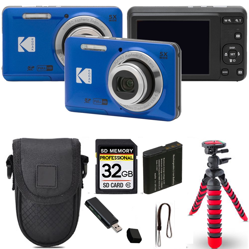Kodak PIXPRO FZ55 Digital Camera (Blue) + Spider Tripod + Case - 32GB Kit