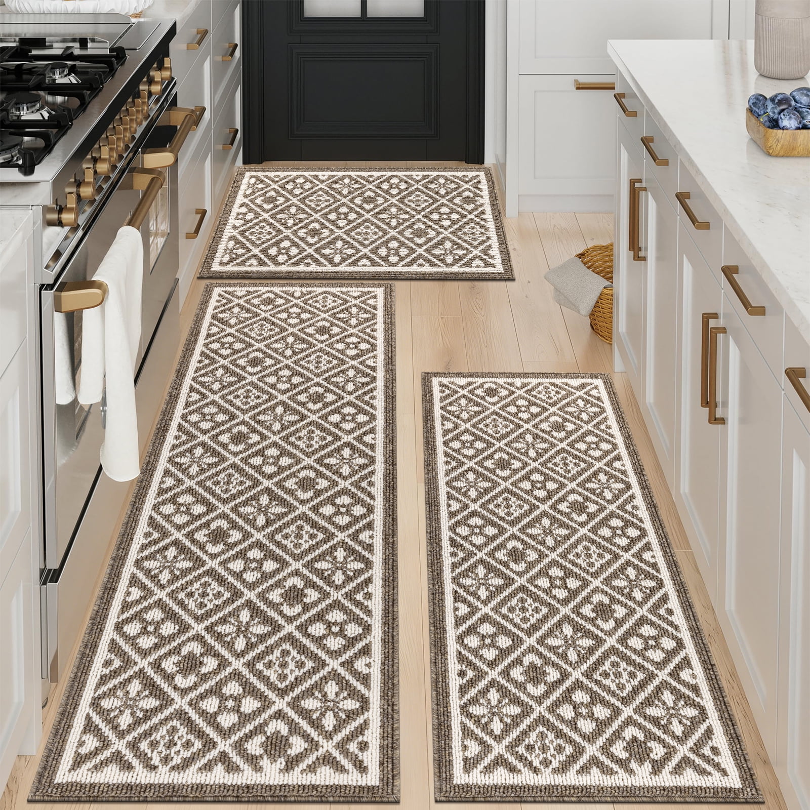 Vaukki Farmhouse Kitchen Rugs Sets of 3, Non Slip Kitchen Floor Mats Washable Kitchen Runner Rug, Brown