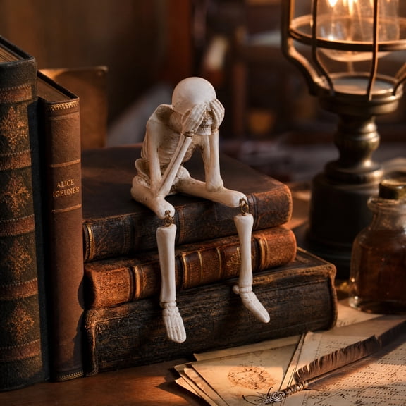 Japceit 7.9In Sitting Skeleton Figurines, 3 Styles Resin Statues, Spooky Skull Decor, Halloween Ornaments, Gothic Home Desk Shelf Decor, Cute Skeleton Accent