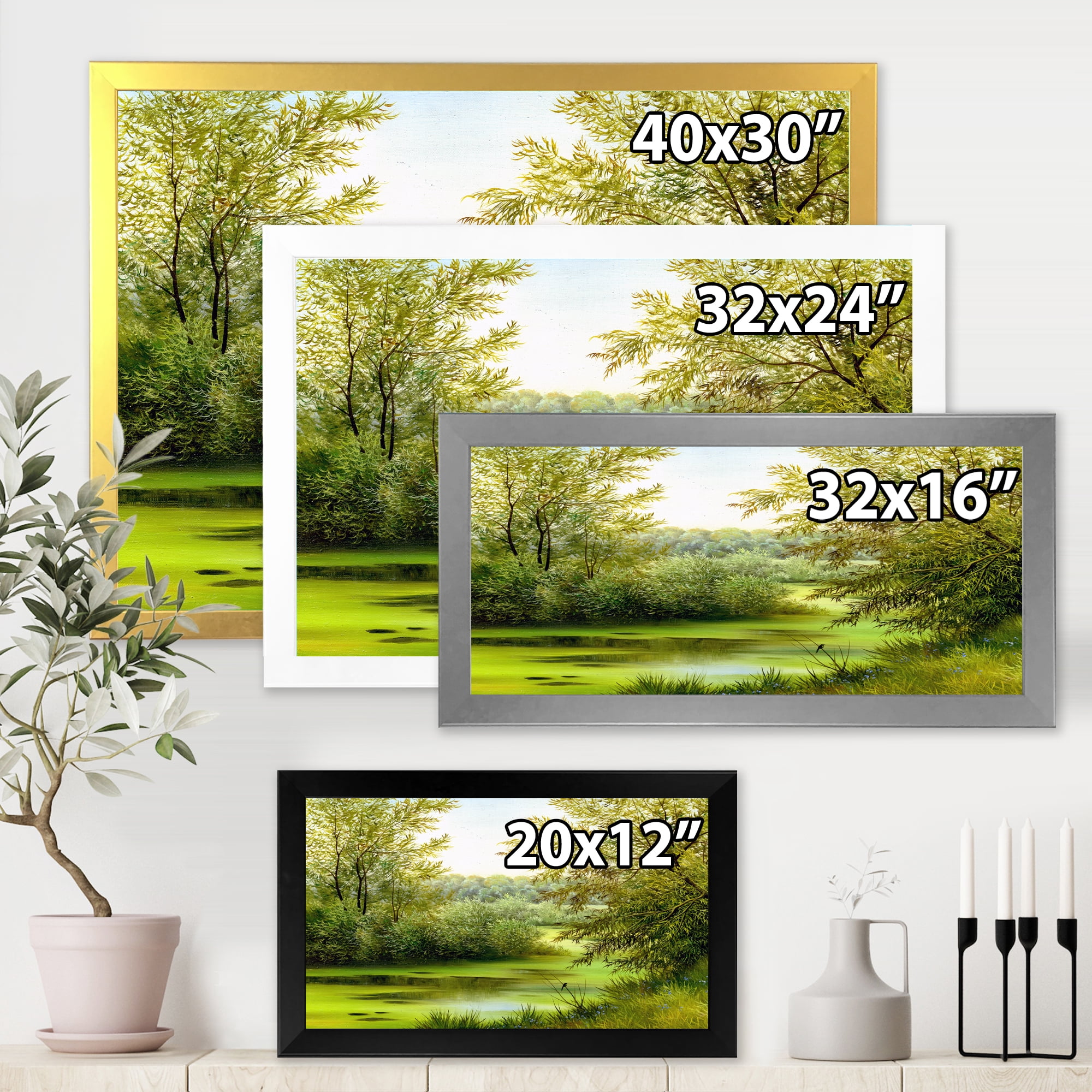 Spring Trees With Green Pond 20 in x 12 in Framed Painting Canvas Art Print, by Designart
