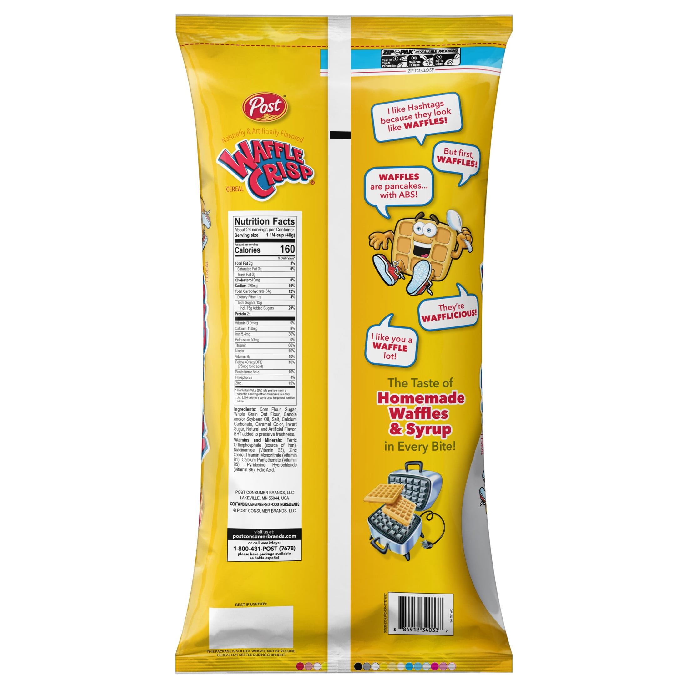 Post Waffle Crisp® breakfast cereal,  Bulk Cereal Bag, 34 ounce