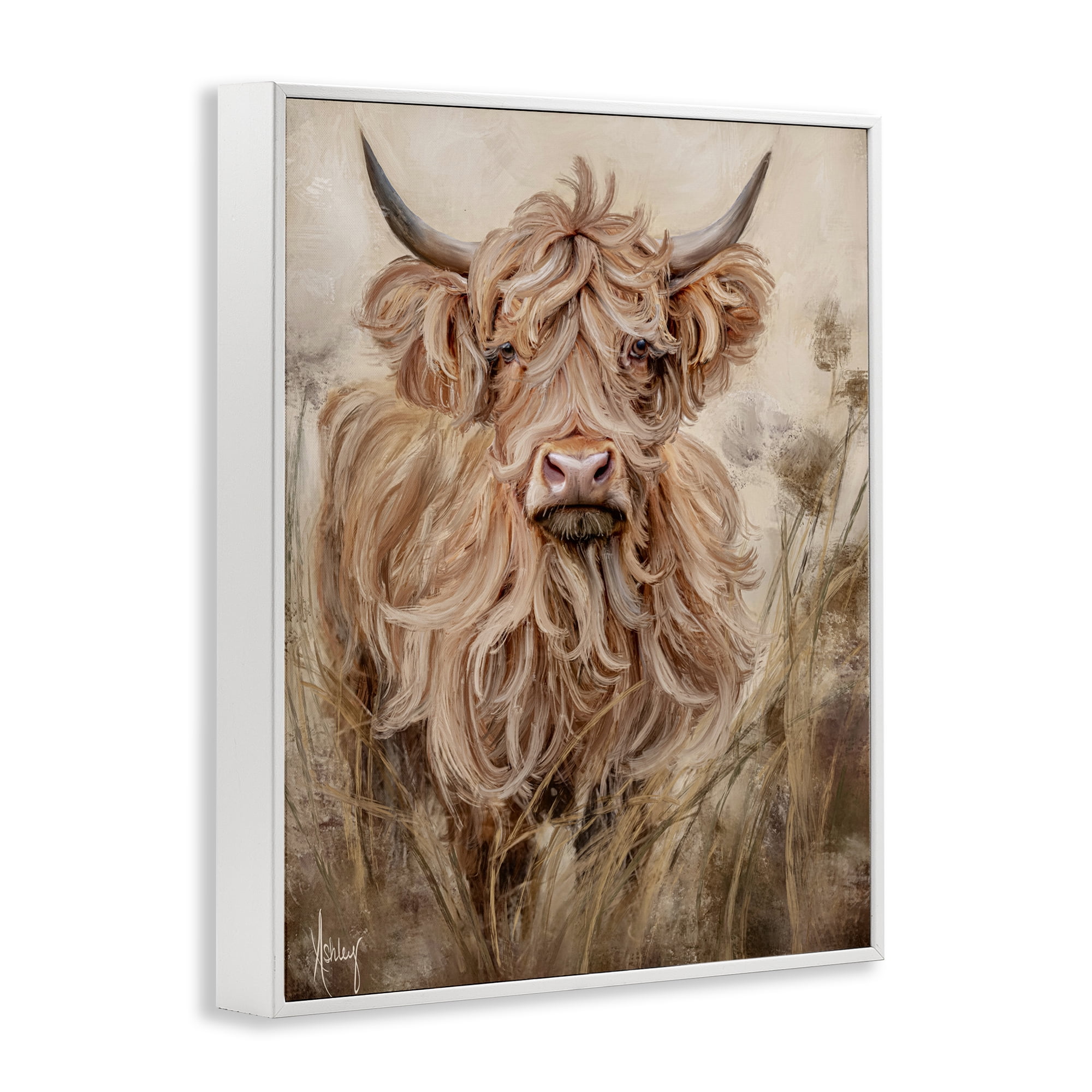 Curly Haired Highland Cattle White Framed Giclee Art, design by Ashley Bradley