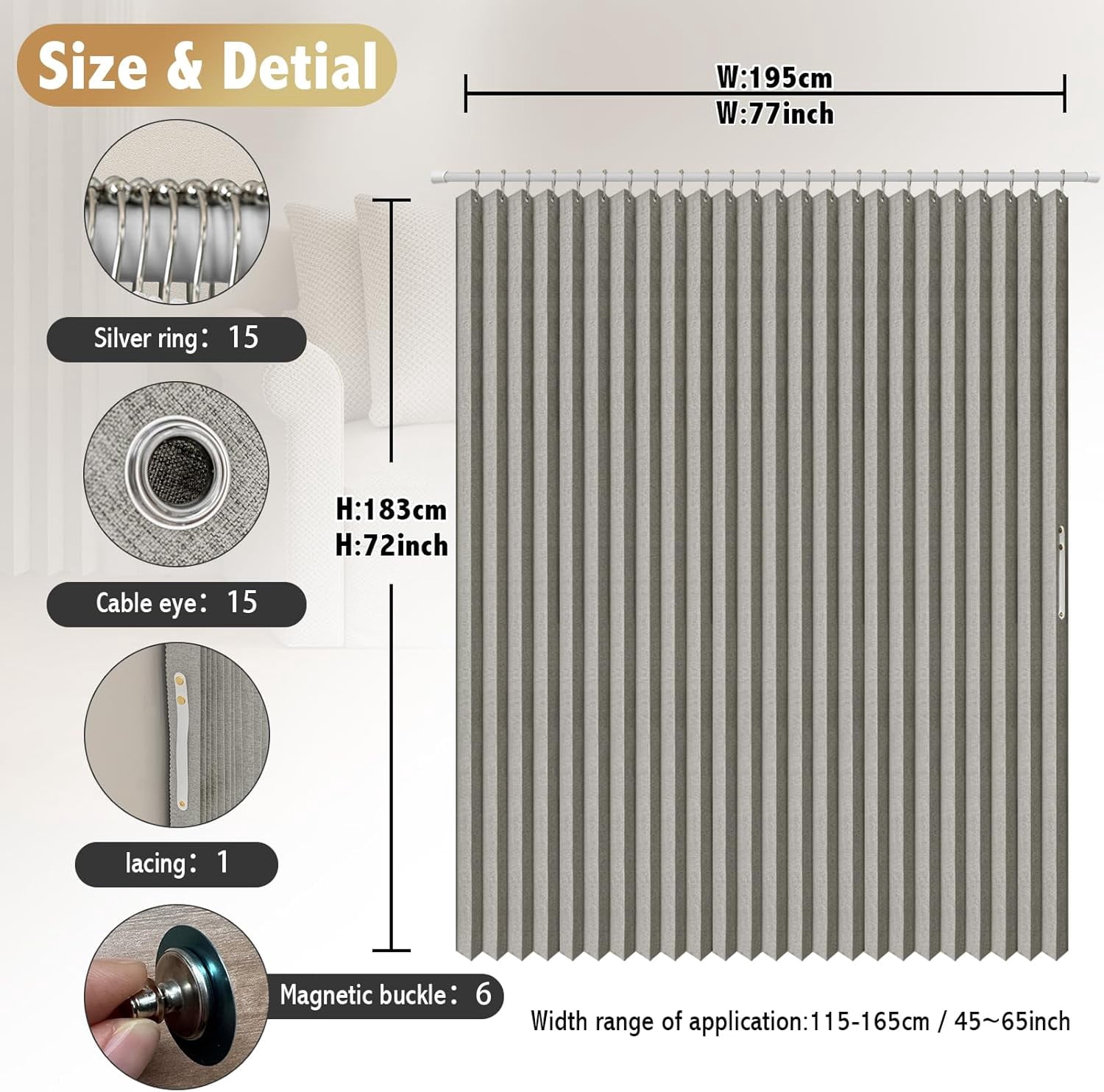 Magnetic Folding Shower Curtains Acordion Shower Curtain Fabric Polyester Waterproof Shower Curtains Suitable for Family Hotel Homestay Bathroom (Grey,77" W x 72" L) 1 Panel