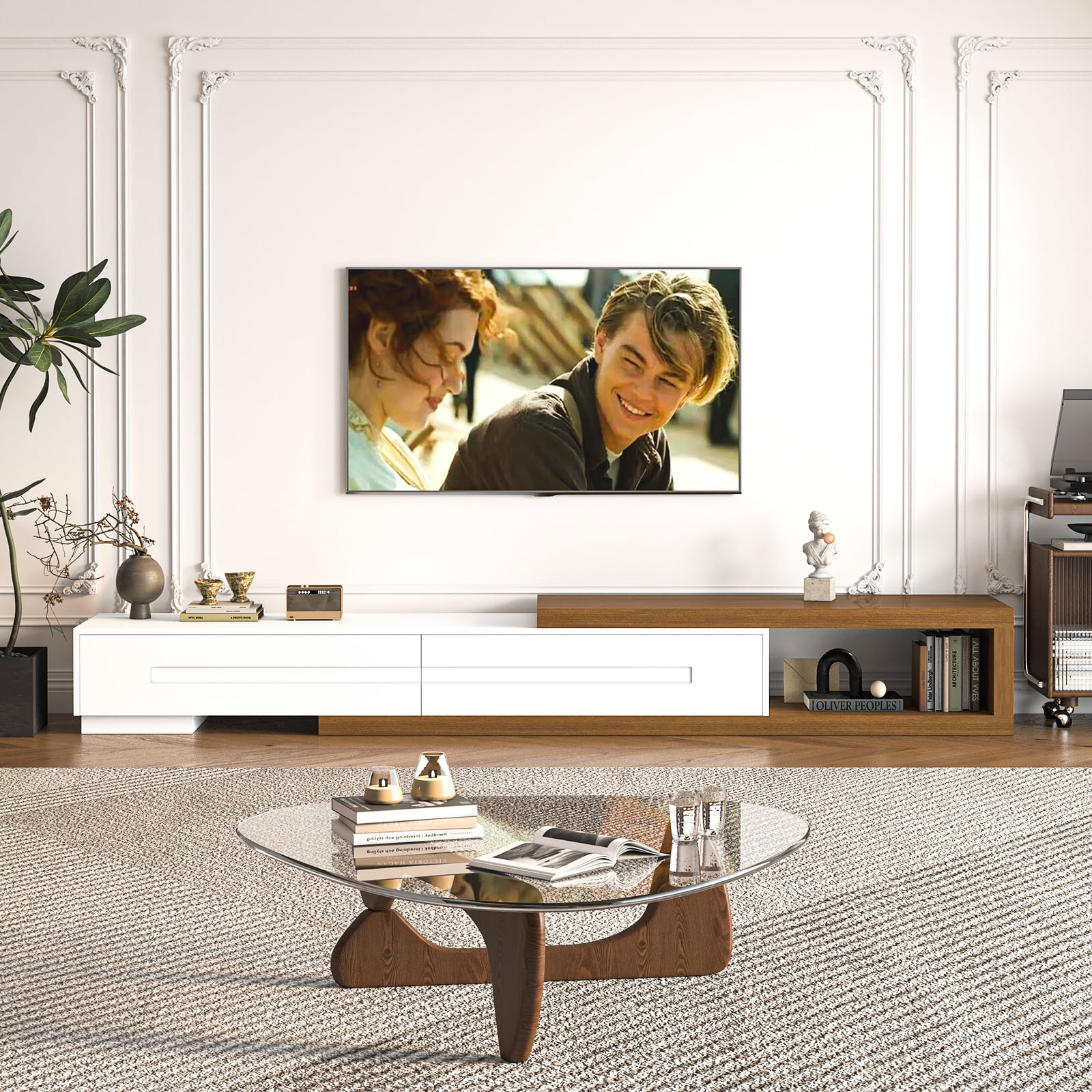 JassmiPkwy ExtendablJassmiPkwy e TV Stand for 120 Inch TV, Wood Modern Entertainment Center with 2 Drawer, White