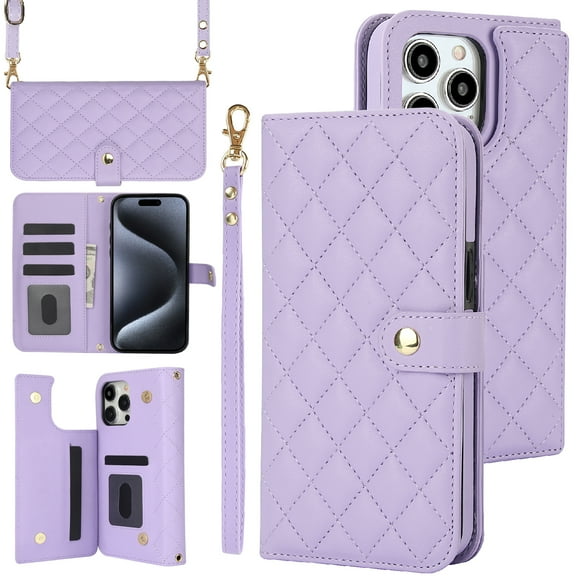 Compatible with iPhone 15 Pro Litchi Texture PU Leather Case with Card Holder Wrist Strap, Wallet Flip Cover for iPhone 15 Pro Men/Women Crossbody Strap RFID Blocking Kickstand, Purple