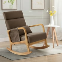 MERITLIFE Modern Accent Rocking Chair, High Backrest Upholstered Armchair Glider Rocker Chair,Thick Foam Cushion, Solid Acacia Wood Rocker for Patio, Backyard, Balcony, Porch,Living Room(Brown)