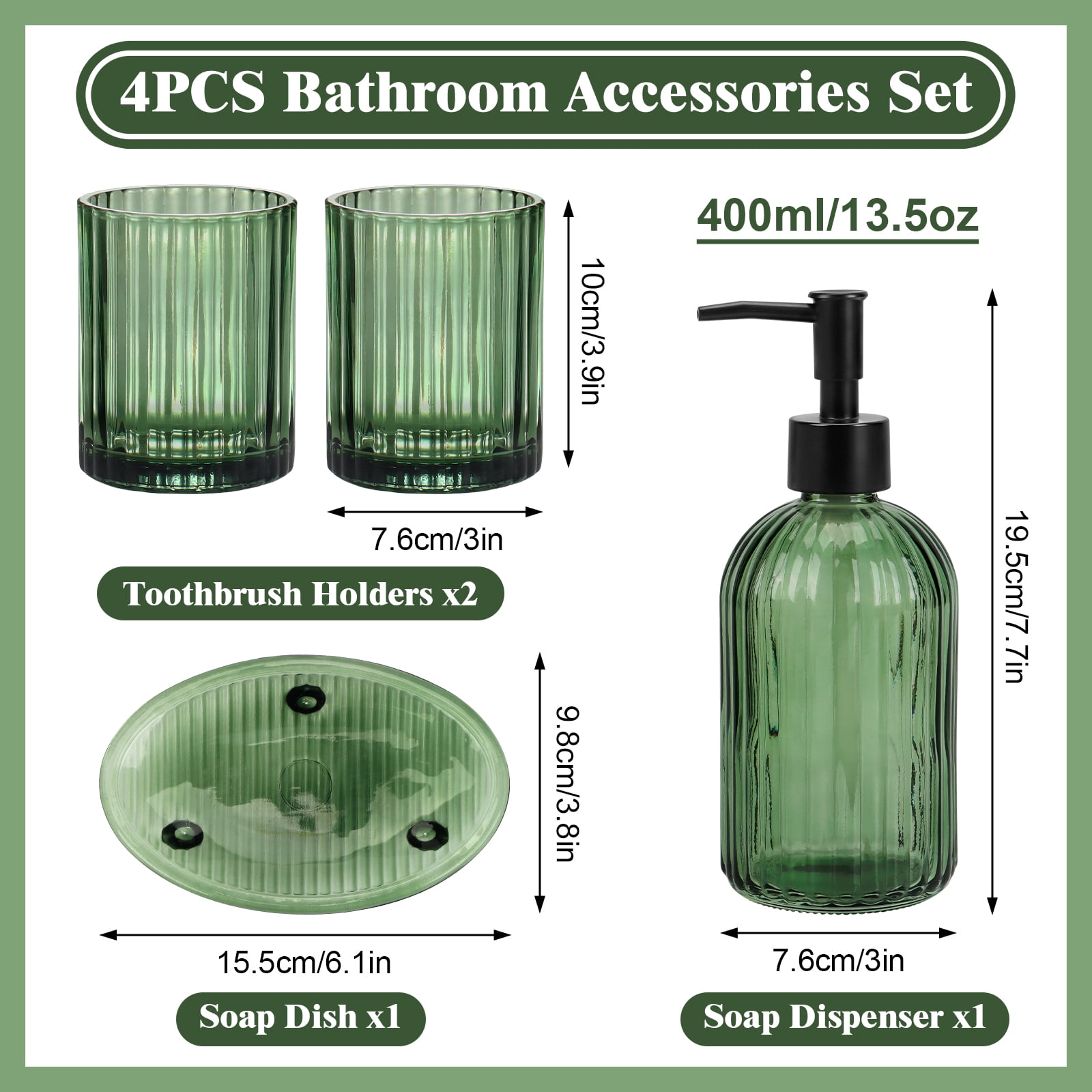 Bathroom Accessories Set, 4Pcs Bathroom Glass Soap Dispenser Set ,with Soap Dispenser , Soap Dish, Tumbler,Green