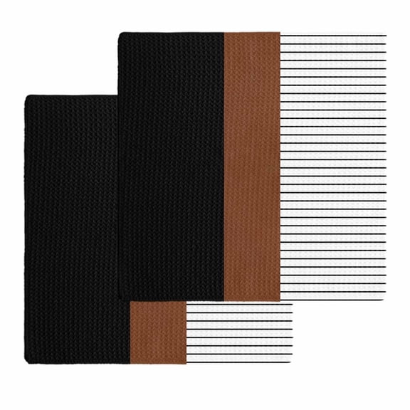 Black Brown Kitchen Dish Towels for Drying Dishes Set of 2, Contemporary Striped Boho Art Waffle Weave Microfiber Hand Tea Bathroom Towels Quick Dry & Absorbent Towel 12x12