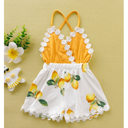 

Baby Girls Jumpsuit Sling Lemon Printed Floral Lace Hollow Back Loose Romper