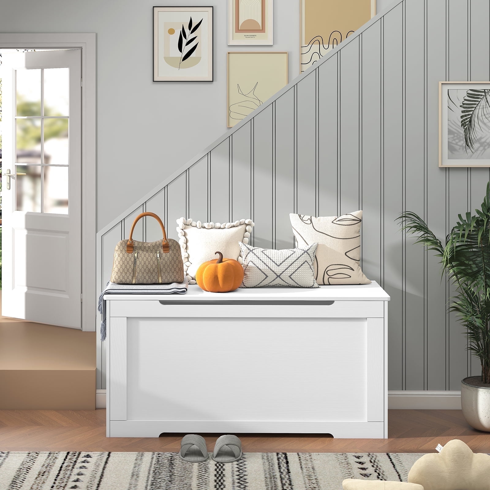 39.4” Storage Chest, Toy Chest, Toy Box with 2 Safety Hinges, Lift Top Wooden Storage Chest, Storage Bench, Supports 220 lb, for Living Room, Bedroom, Entryway, White