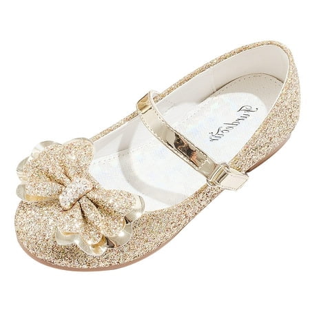 Furdeour Girls Dress Shoes Glitter Girl Party Low Heels Cute Sequins Flower Girls Shoes Size 1 Mary Jane Flats Size 1 (2501Gold 1)