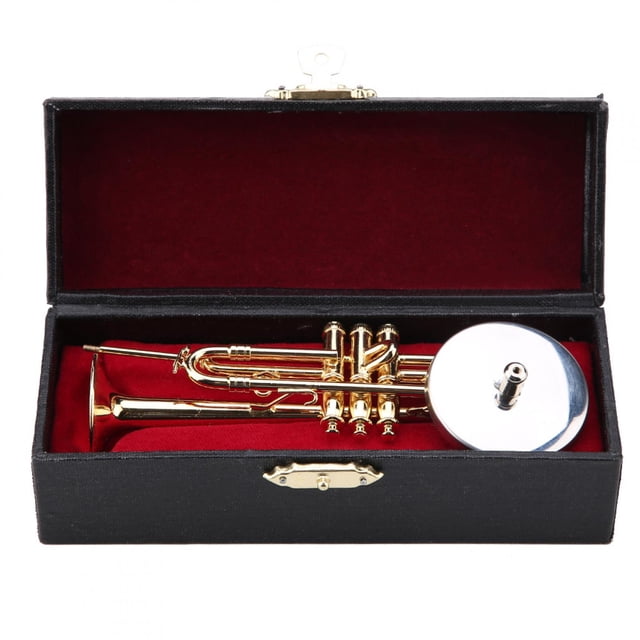 Réplica de trompeta en miniatura con soporte y estuche. Modelo de instrumento chapado en oro. Adornos musicales.