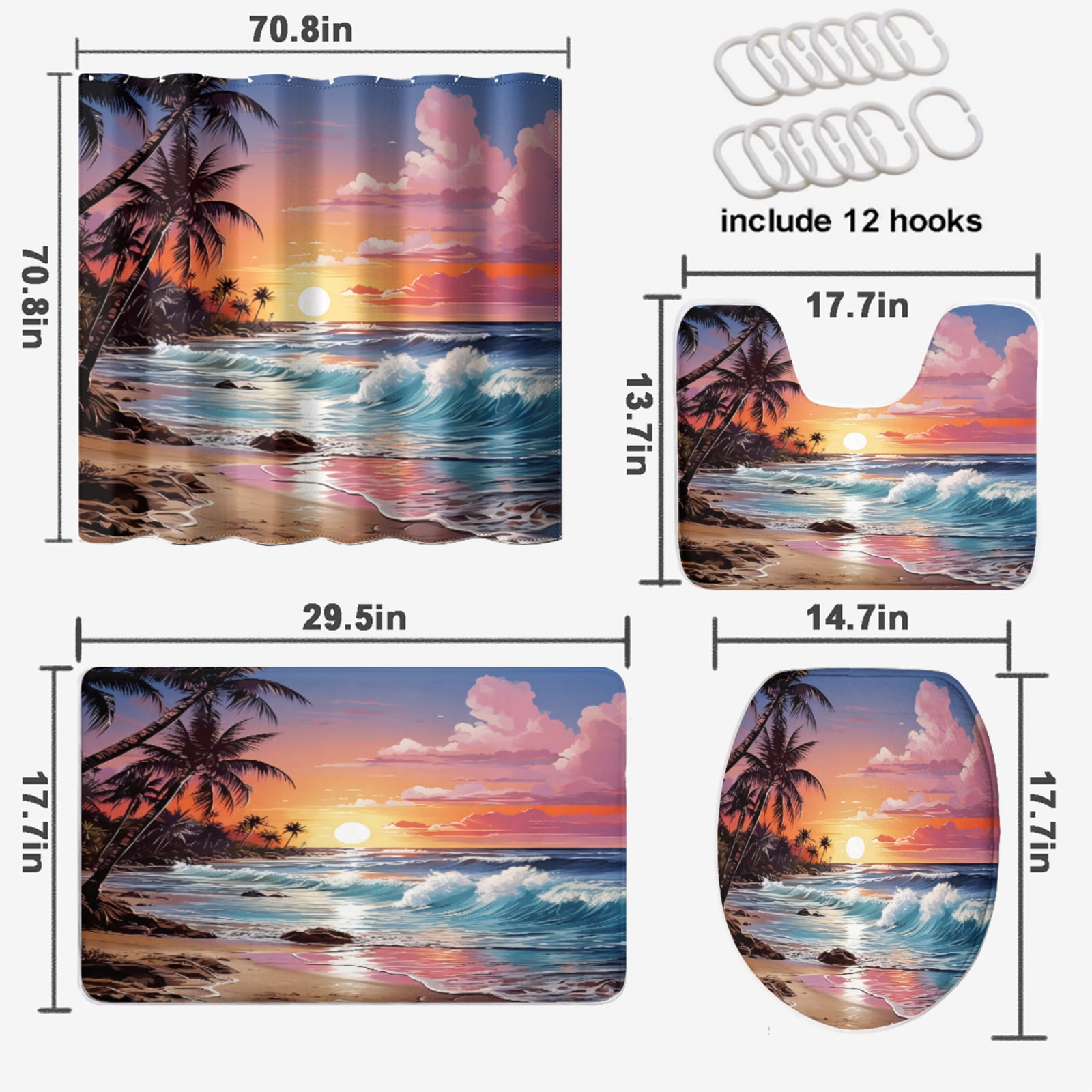 Ocean 4 Pcs Shower Curtain Set Beach Tropical Palm Tree Sunset Coastal Scenery Sea Wave Sunset Bathroom Decor Bath Curtain with Rugs Toilet Lid Cover Bath Mat, 72x72 Inch