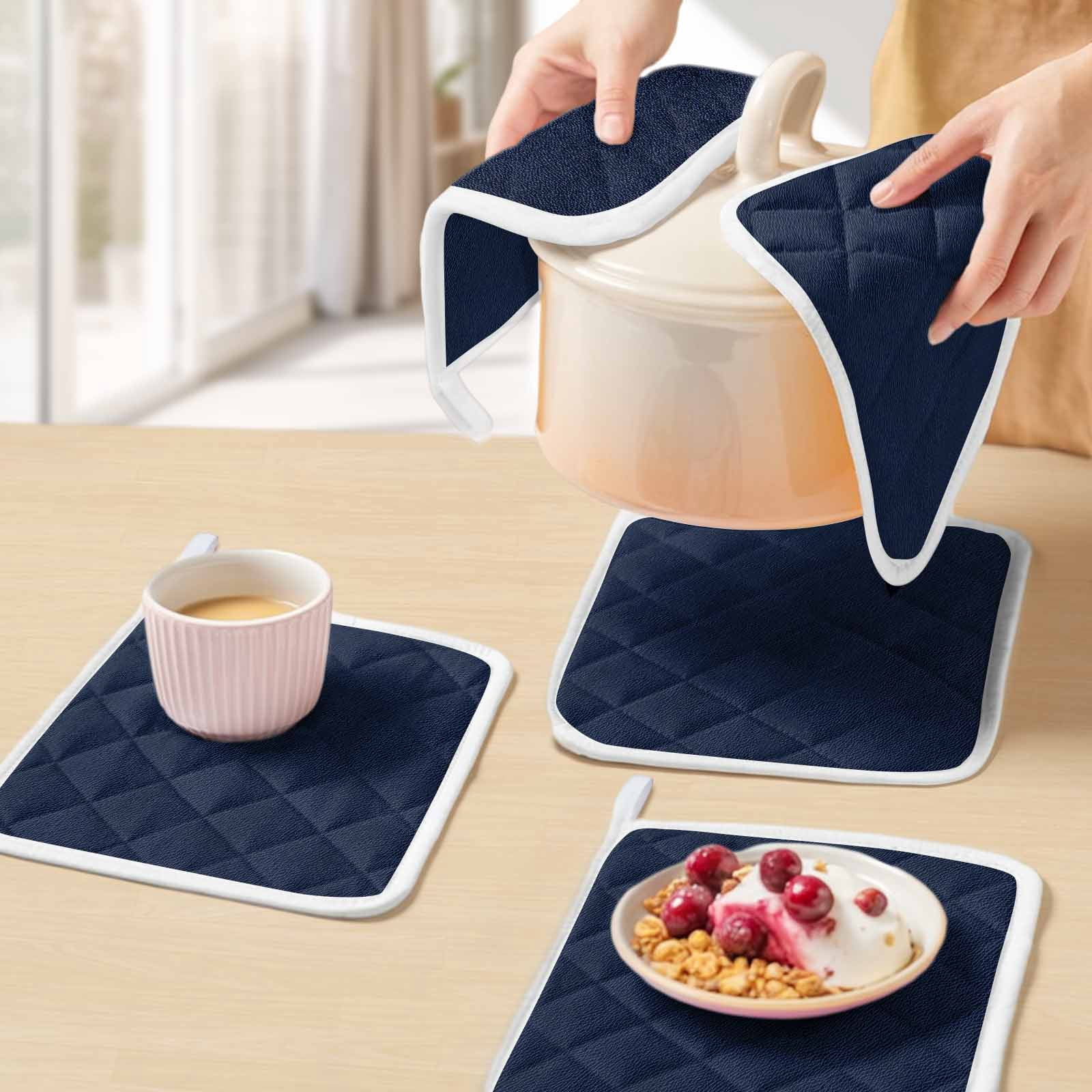 Solid Dark Blue Pot Holders for Kitchen Heatproof Potholder, 2 Pack Minimalism Abstract Denim Texture Hot Pads Multipurpose Oven Pads Cloth Potholders Trivet for Cooking and Baking