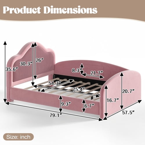 Full Size Upholstered Kids Floor Bed with Curved Headboard, Safety Side Rails & Storage Pocket, Low Profile Playhouse Bed, Pink