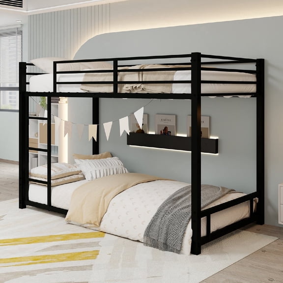 Morufur Twin over Twin Floor Bunk Bed with Safety Guardrail and Ladder, Heavy Duty Bed Frame for Bedroom, Noise-Reduced Design, Black