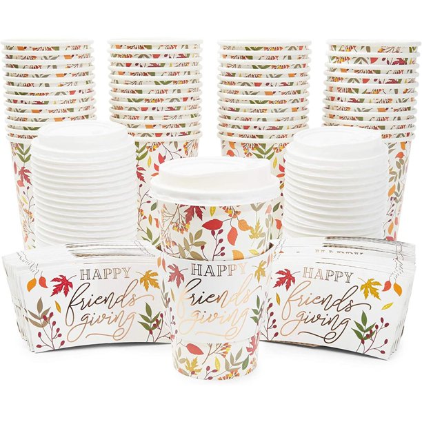 48 Pack Thanksgiving Disposable Paper Coffee Cups With Lids And Sleeve 15  Oz, Party Decorations Supplies, Friendsgiving - Walmart.com