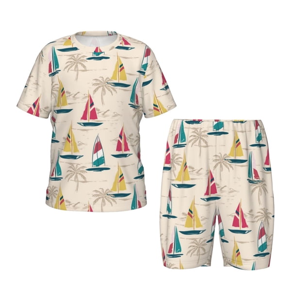 Balery Reto Marine Nautical Conjunto de Pijama Infantil de Manga Corta con Estampado – Ropa de Dormir de Algodón Suave-Small