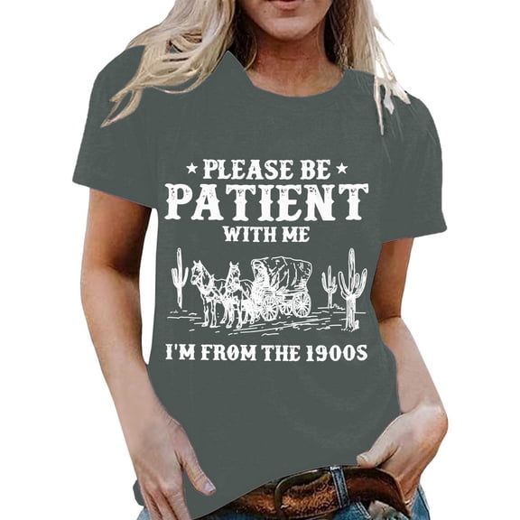 Wang6 Womens Short Sleeve Oversized Tshirts Casual Please Be Patient with Me I'm from the 1900s Letter Printed Graphic Tees Summer Loose Crew Neck Tops Grey XL
