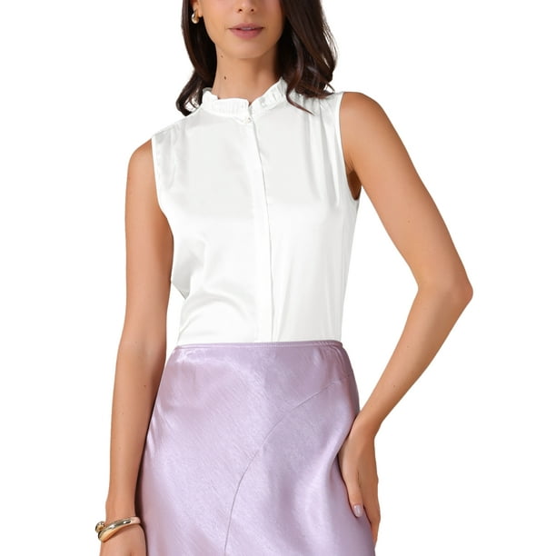 INSPIRAR CHIC Blusa de Satén para Mujer Elegante Sin Mangas con Pliegues Cuello Mock con Volantes Sólido Blusa de Trabajo Top de Seda S Blanca