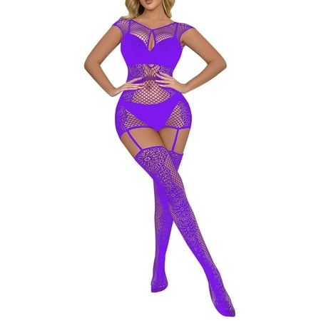 adviicd Fishnet Bodysuit Women Fishnet Lingerie Chemise Long Sleeve Stocking Mini Dress Purple One Size