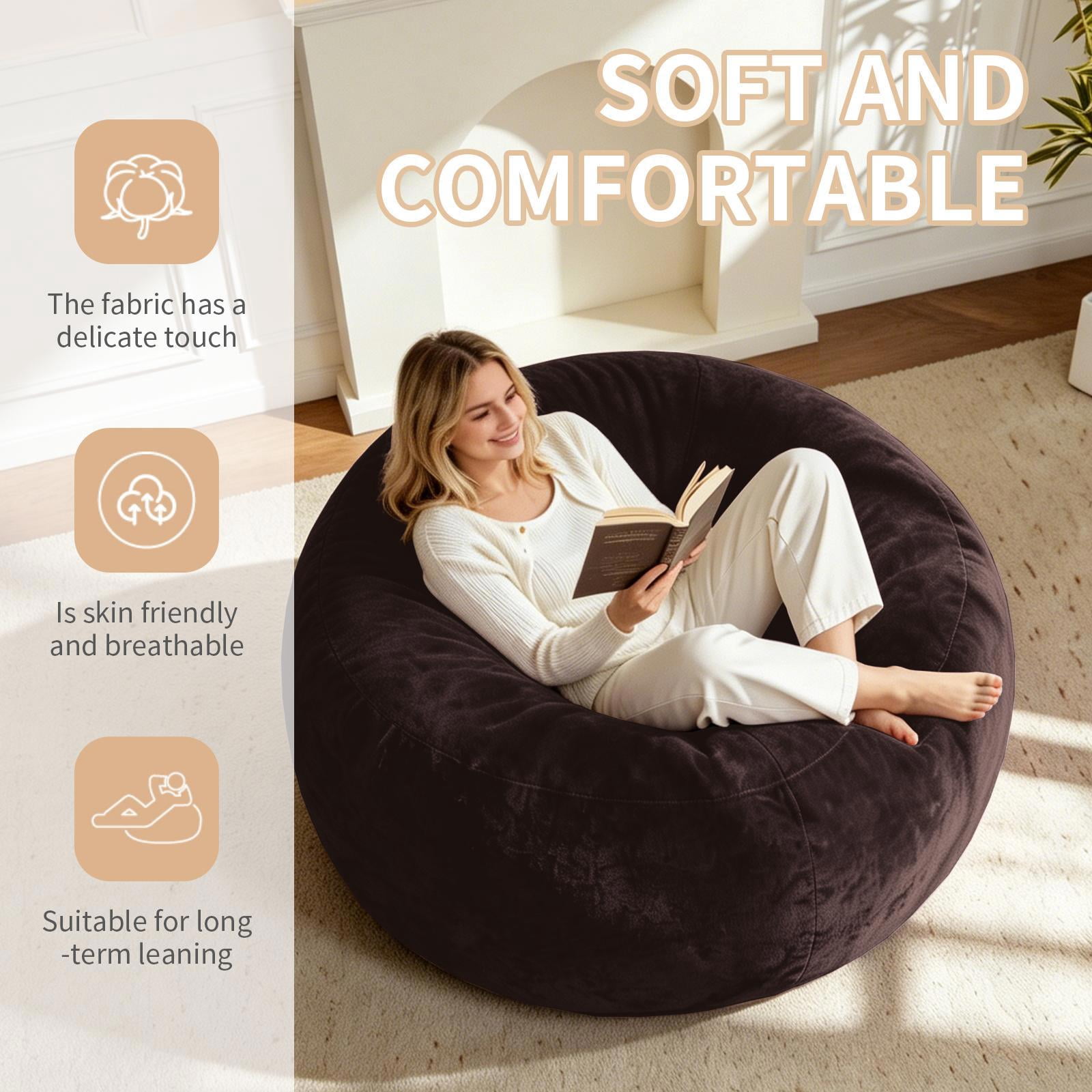 Hommoo 4FT Bean Bag Chair, Memory Foam Filling Soft Sofa with Flannel Cover, Round Sofa for Living Room, Bedroom, College Dorm, Brown