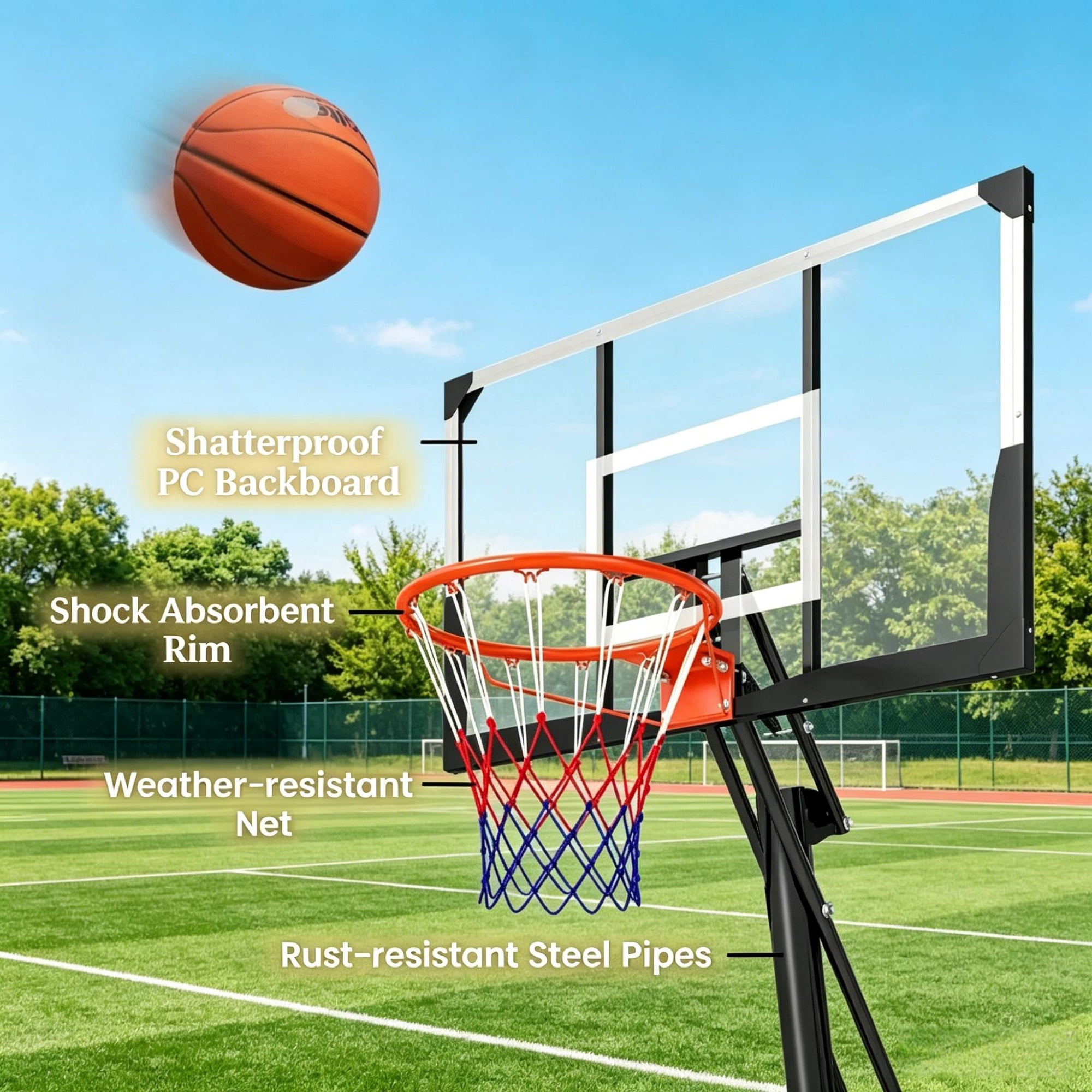 8-10FT Crank Adjustable Portable Basketball Hoop with Fillable Base Auto Ball Return System, Weatherproof Steel Frame PC Backboard with Rolling Wheels