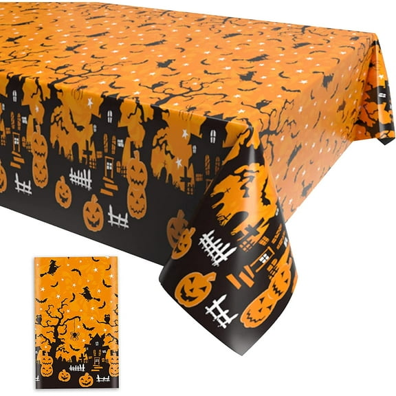 Halloween Table Cloth, Orange Scary Pumpkin Plastic Rectangular Halloween Table Cover, 130*220cm Large Disposable Waterproof Halloween Table Decorations for Indoor Outdoor Halloween Party Decoration