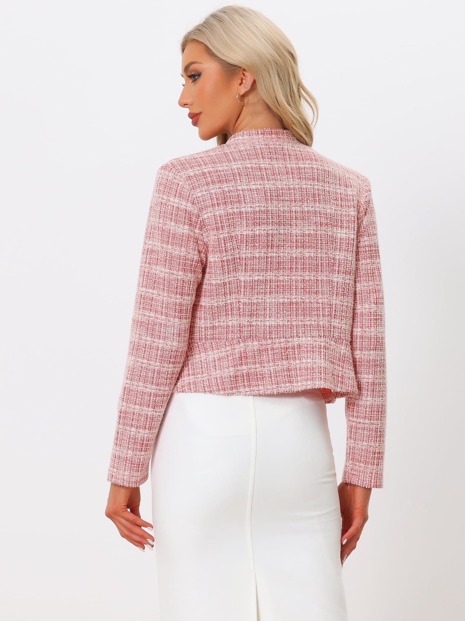 DARING DIVA Women's Elegant Stand Collar Business Plaid Tweed Blazer M Red