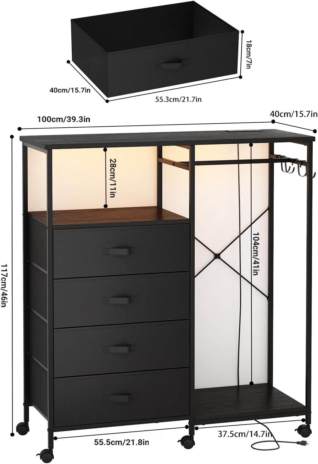 Bedroom Dresser with Hanging Rack, 4 Drawers Dresser with Charging Station and LED Lights, Storage Chest of Drawers with Wheels, Wooden Top, for Closet, Living Room Black