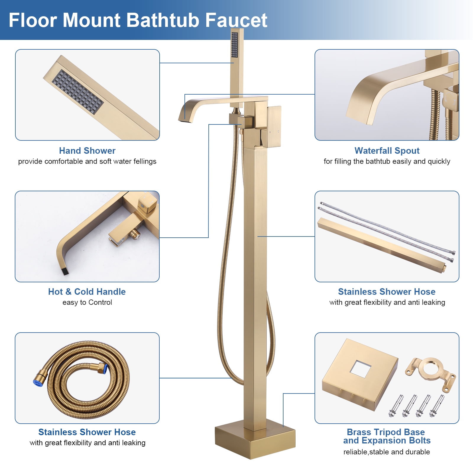 Wowow Single handle Floor Mount Freestanding Waterfall Bathtub Faucet in Gold with Handheld Shower (Valve Included)
