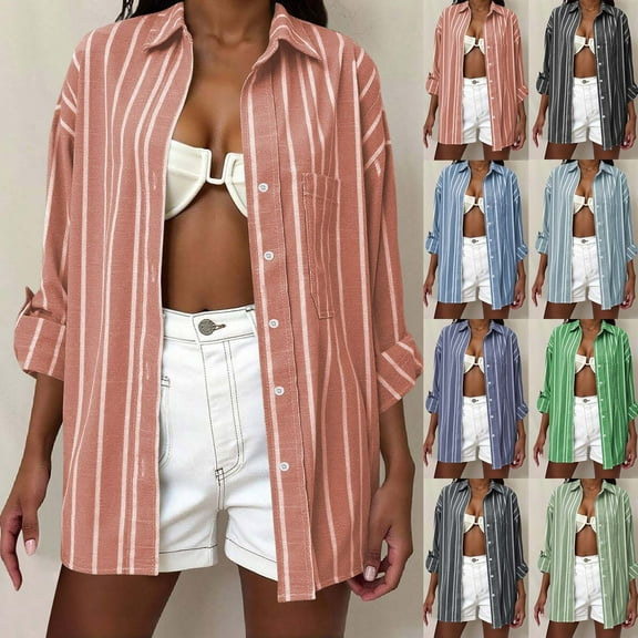 Horkkom Striped Shirt Women Long Sleeve Button Down Shirts Fall Casual Loose Work Tops with Pocket L