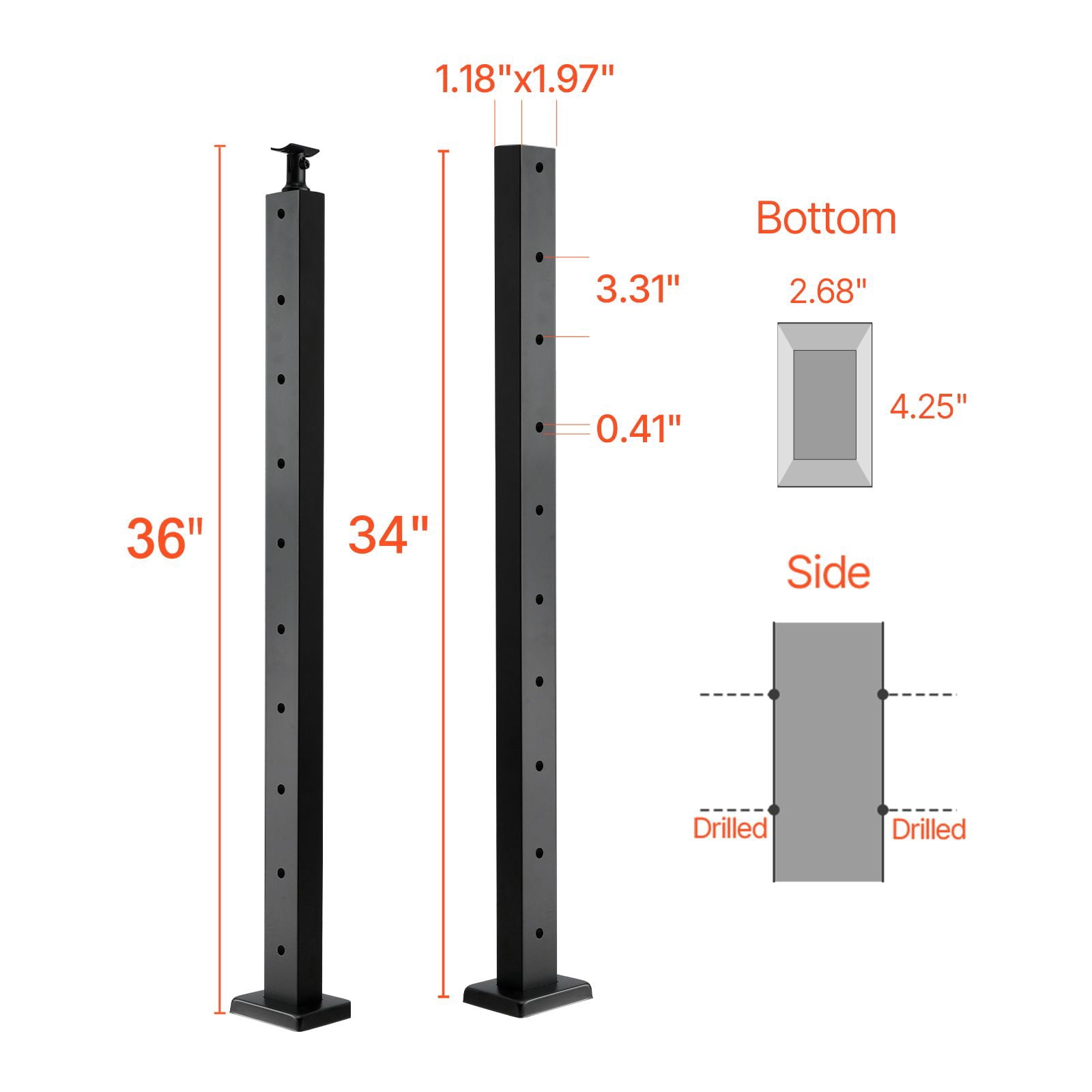 Cable Railing Post, Horizontal Hole Design, 42" Height, SUS304 Stainless Steel, 3" Hole Spacing, 10-12 Holes, for Deck, Stair, Patio & Balcony Railing Protection