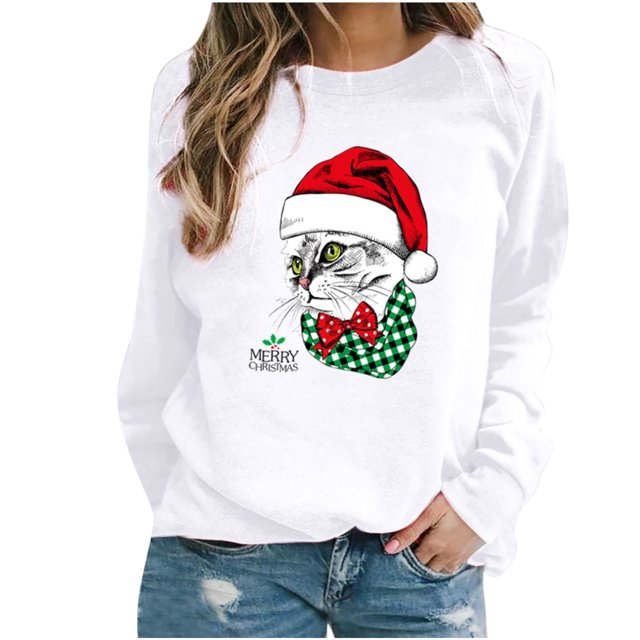 Blusa de manga larga con estampado de gato de Navidad y costura informal con cuello redondo para mujer Fridja fksj644